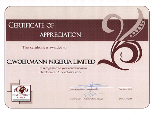 Development Africa donation certificate